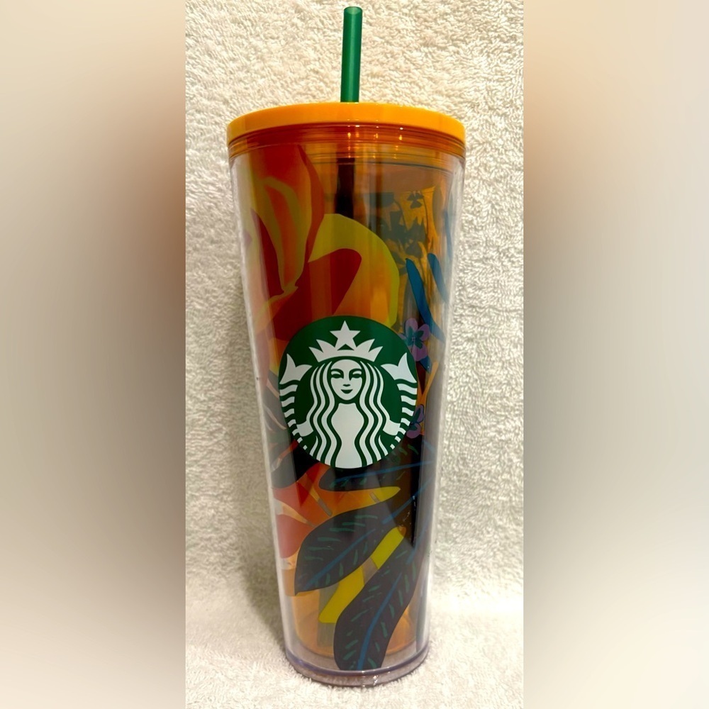 Starbucks tropical, orange design, Colorful Tumbler with Straw 24 ounce